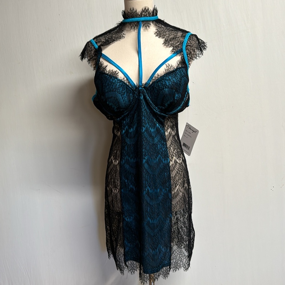 Dreamgirl Eyelash Lace Collared Blue & Black Chemise Size XL - Picture 3 of 16